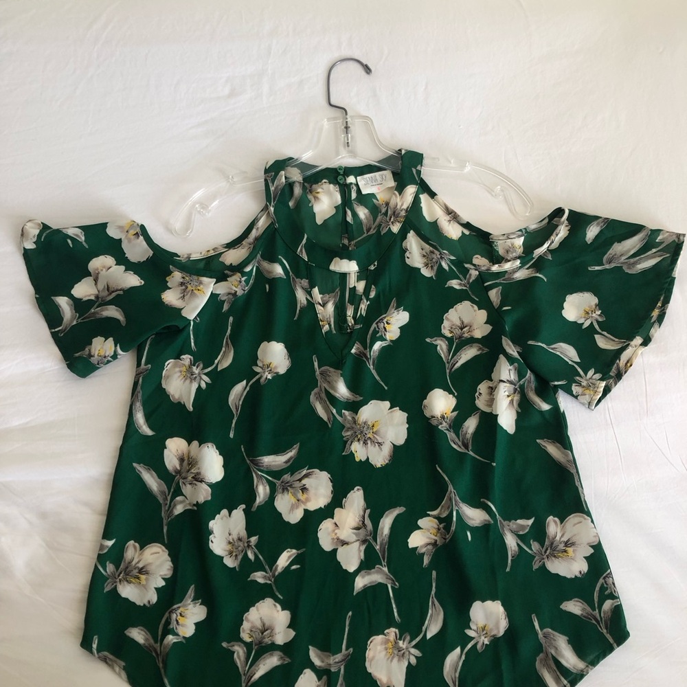 Sienna Sky Green cold shoulder Flutter Sleeve Blouse with Mandarin Collar